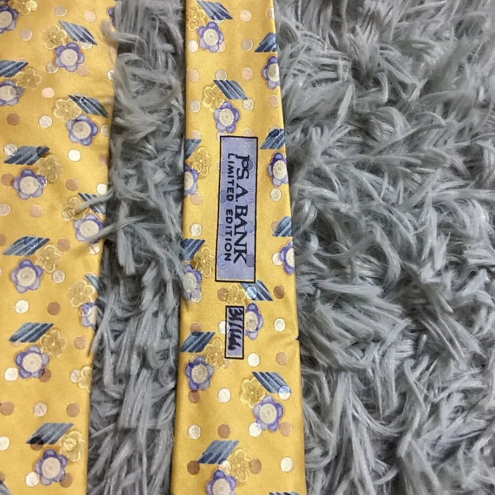 Jos‎ A Bank Signature Gold 100% Silk Tie Yellow Gold Blue Floral Necktie Limited